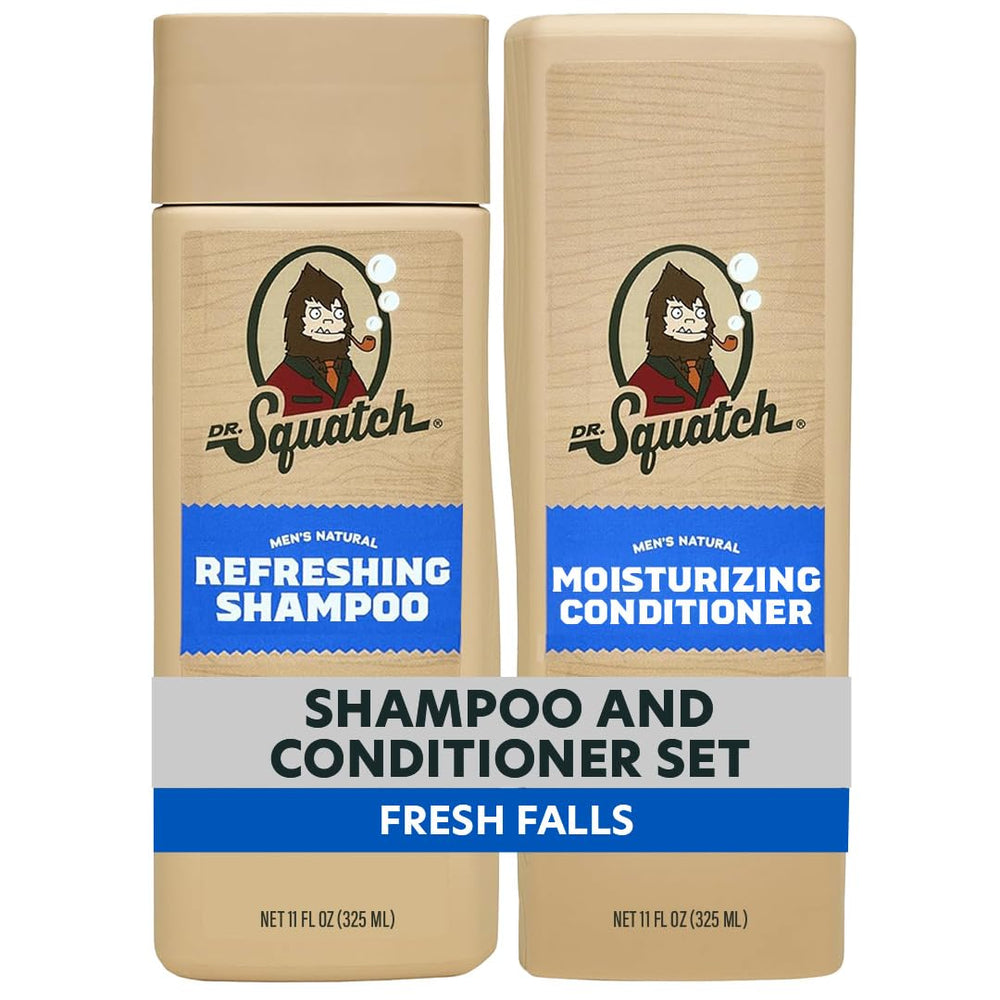 Dr. Squatch Fresh Falls shampoo bottle provides a refreshing cleanse for healthy-looking hair.