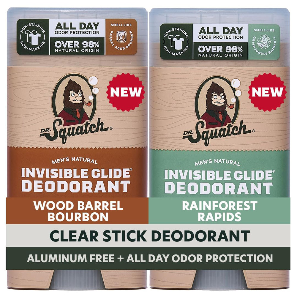 Dr. Squatch Invisible Glide bottle shows stain-free wear for all-day freshness.