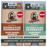 Dr. Squatch Invisible Glide bottle shows stain-free wear for all-day freshness.