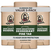 Dr. Squatch Pine Tar deodorant stick 3-pack offers long-lasting odor protection.