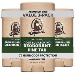 Dr. Squatch Pine Tar deodorant stick 3-pack offers long-lasting odor protection.