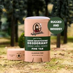 Dr. Squatch Pine Tar deodorant stick application for all-day freshness.