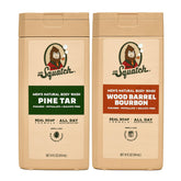 Dr. Squatch Pine Tar Wood Barrel Bourbon bottle shows long-lasting scent and natural cleansing.
