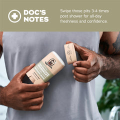 Graphic emphasis on postbiotics supporting skin-friendly odor management with Dr. Squatch.