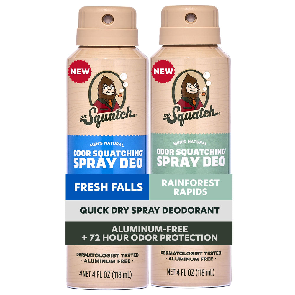 Dr. Squatch spray bottle showing quick-dry deodorant for daily freshness