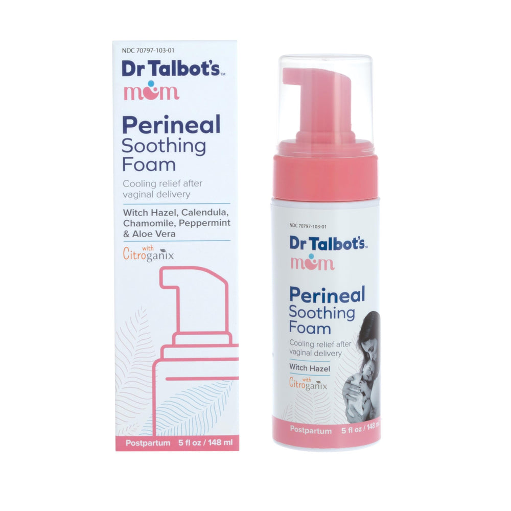 Dr. Talbot's Mom Perineal Soothing Foam bottle with pump, offering cooling relief after delivery.