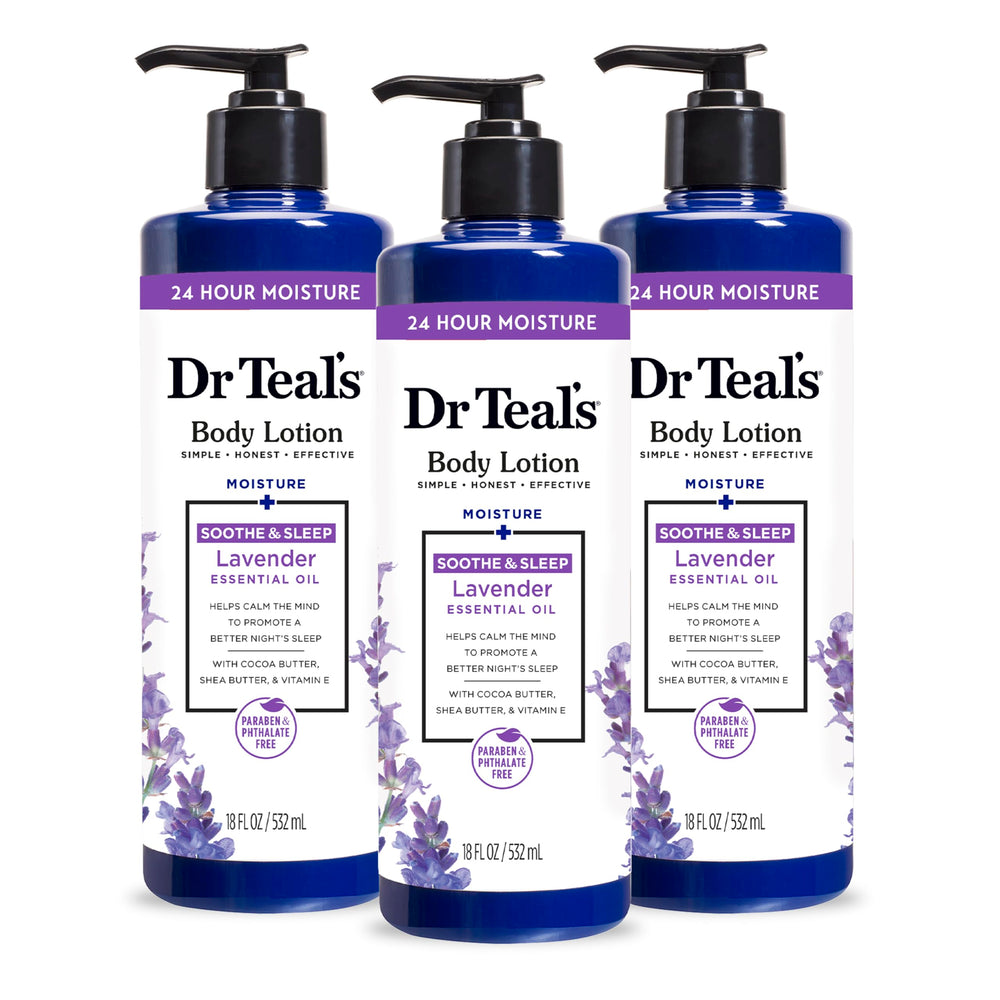Dr Teal's 24 Hour Moisture Lavender bottle pour delivers deep hydration.