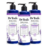 Dr Teal's 24 Hour Moisture Lavender bottle pour delivers deep hydration.