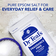 Dr Teal's 4 lb resealable bag sits on a bathroom shelf.