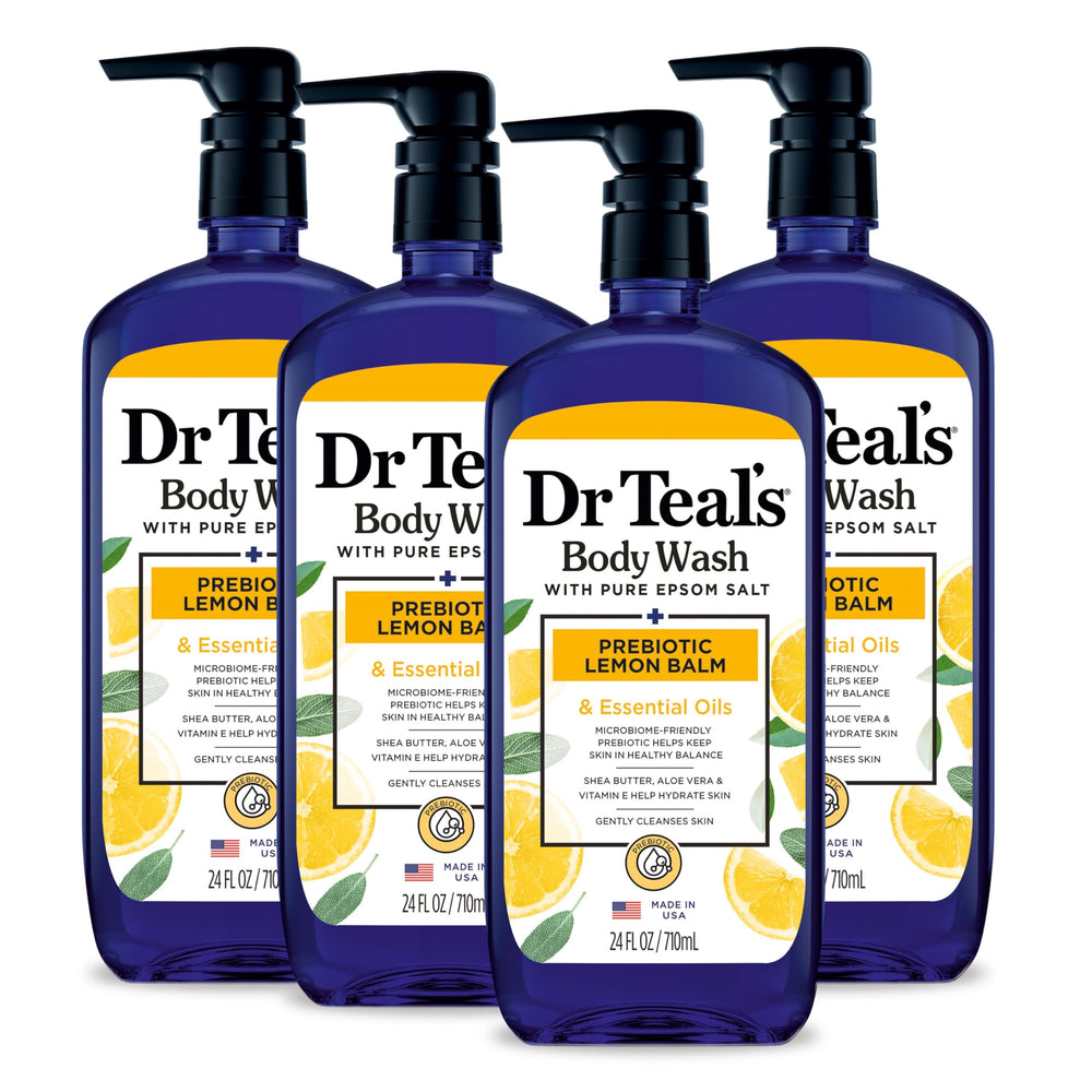 Dr Teal's Lemon Balm body wash bottle for gentle cleansing and skin hydration.