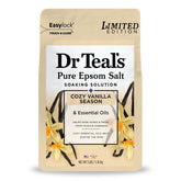 Dr Teal's Cozy Vanilla Season bath salt bottle promotes relaxation.