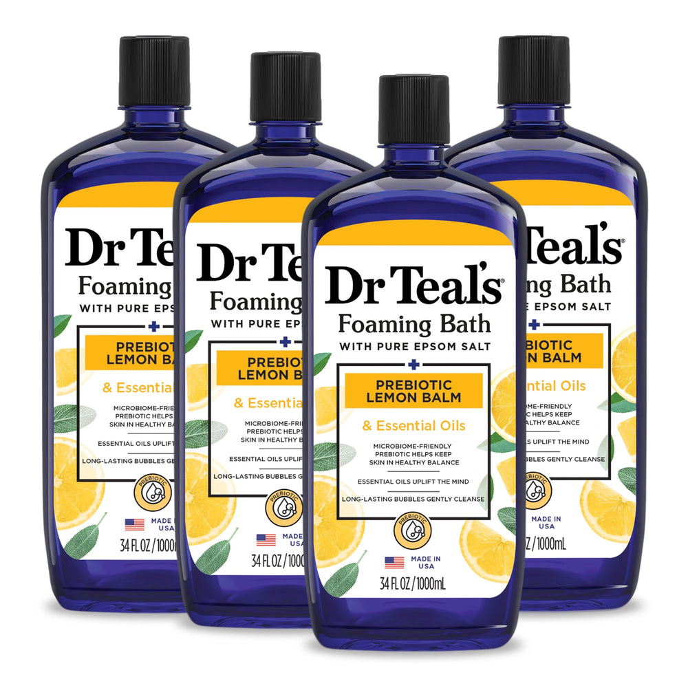 Dr Teal's Foaming Bath bottle pour highlights easy dispensing and a refreshing lemon scent.