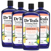 Dr Teal's Ginger & Ginseng Foaming Bath bottle promotes stress relief through essential oils.