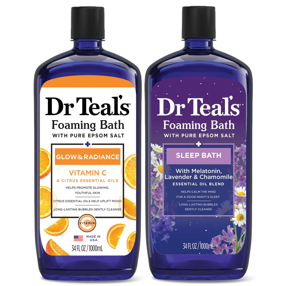 Dr Teal's foaming bath bottle with epsom salt promotes skin refresh and calm.