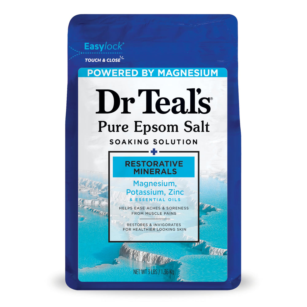 Dr Teal's Pure Epsom Salt Restorative Minerals bottle pour easing muscle discomfort.