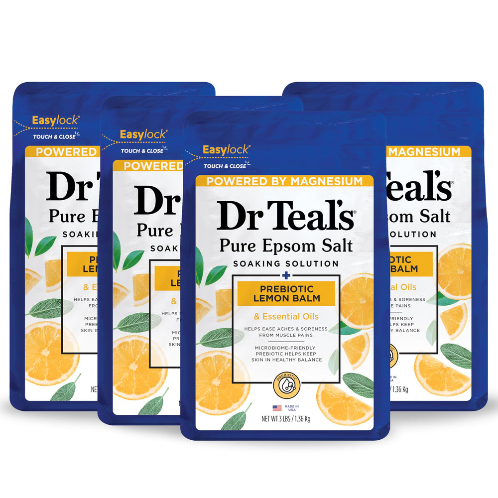 Dr Teal's Pure Epsom Salt Soak packaging with lemon balm signals a soothing bath
