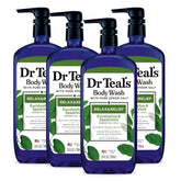 Dr Teal's Relax and Relief body wash bottle pouring for a refreshing cleanse