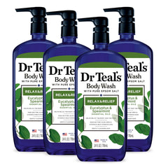 Dr Teal's Relax and Relief body wash bottle pouring for a refreshing cleanse