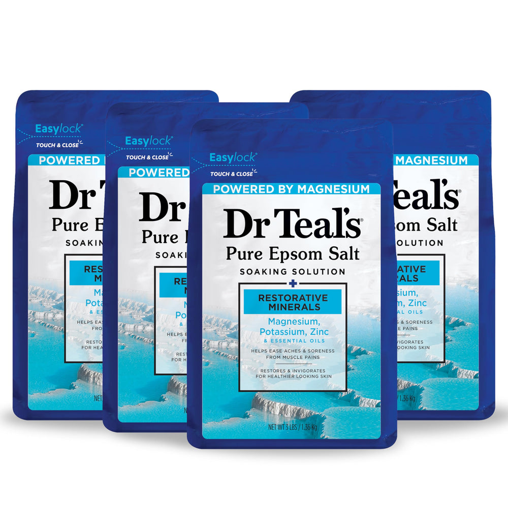 Dr Teal's Restorative Minerals Epsom salt bottle for soothing relaxation.