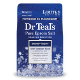 Dr Teal's Snowy Night bath salt bottle pouring for relaxing muscles.