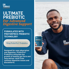 Close-up of Dr. Tobias Prebiotics capsules for daily digestive wellness.
