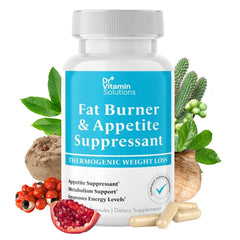 DR VITAMIN SOLUTIONS fat burner capsules bottle for daily energy and appetite support.
