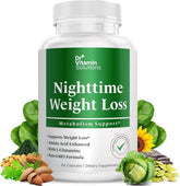 DR VITAMIN SOLUTIONS nighttime fat burner bottle on a nightstand, supporting restful sleep.