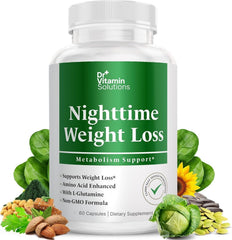 DR VITAMIN SOLUTIONS nighttime fat burner bottle on a nightstand, supporting restful sleep.