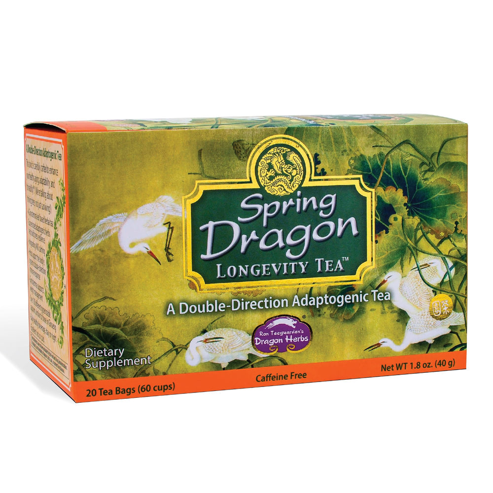 Dragon Herbs Spring Dragon Longevity Tea box featuring caffeine-free adaptogenic blend for calm energy.