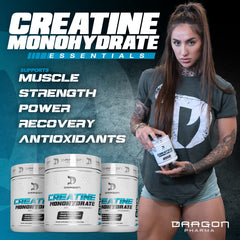 Dragon Pharma Creatine Monohydrate label close-up emphasizes purity and strength focus.