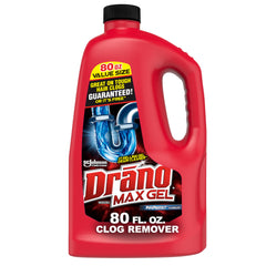 Drano Max Gel bottle pour demonstrates fast unclogging for standing water in drains.