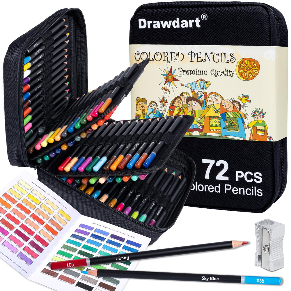 Drawdart 72-color pencils set with zipper case for portable artistry.