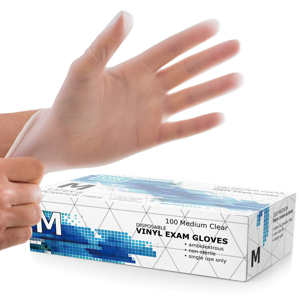 Dre Health medium clear vinyl gloves pack 100 front view for quick product inspection