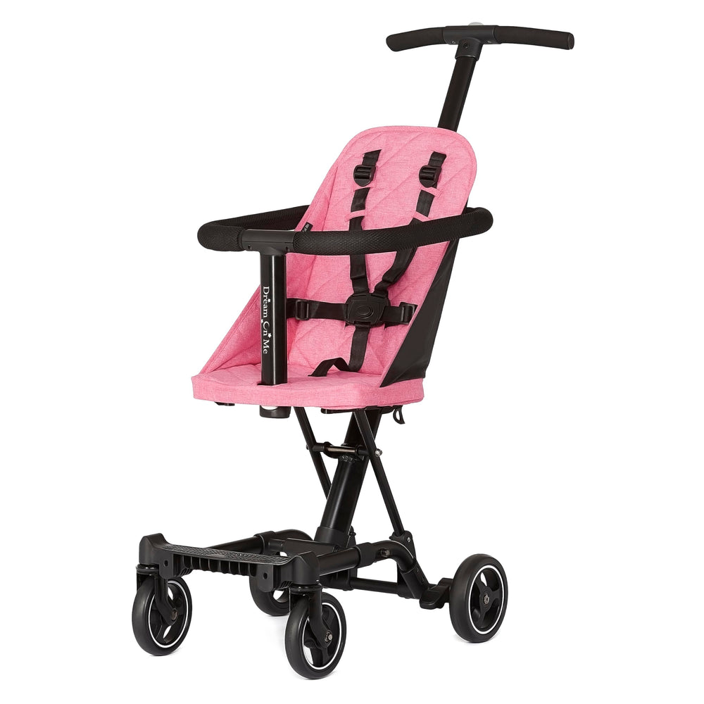 Dream On Me Coast Rider Travel Stroller in pink, lightweight design for easy travel and storage.