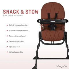 Dream On Me Snack and Stow Highchair featuring a 5-point harness for secure feeding.