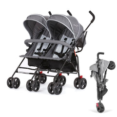Dream On Me Volgo Twin Stroller front view with twin seats and canopy.