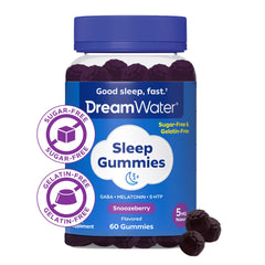 Dream Water Snoozeberry bottle on nightstand beside clock.