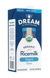 Dream Blends Rice Dream Original bottle being poured for a refreshing dairy-free breakfast.