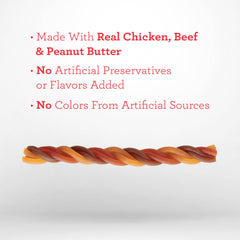 DreamBone dog chew closeup — real chicken, beef and peanut butter flavor mix.