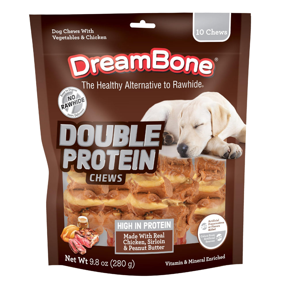 DreamBone packaging for Double Protein Chews showing rawhide-free design