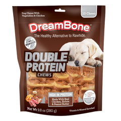 DreamBone packaging for Double Protein Chews showing rawhide-free design