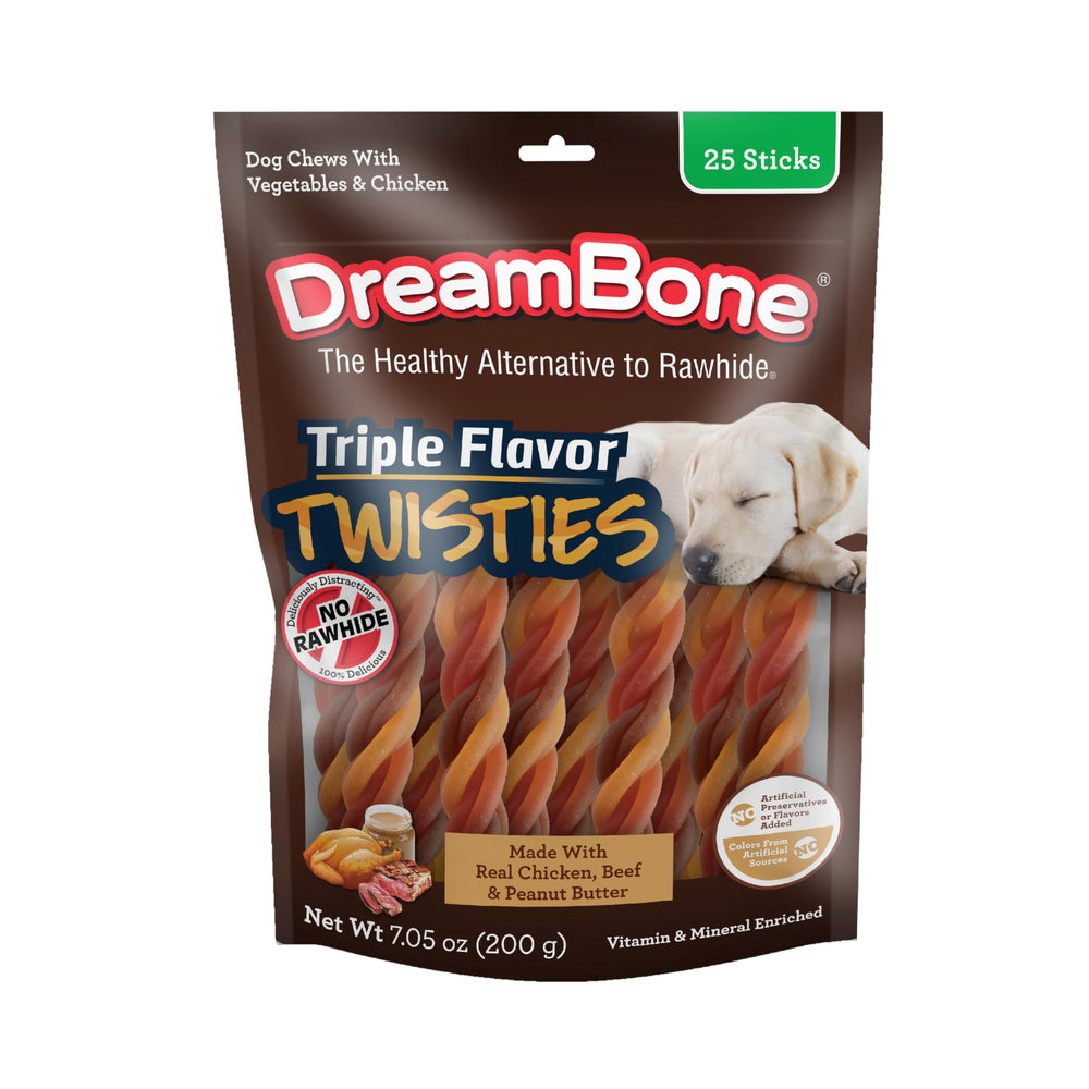 DreamBone Triple Flavor Twisties packshot — rawhide-free dog chews for dogs.