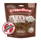DreamBone Puffy Rolls bag front—rawhide-free treats for dogs.