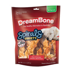 DreamBone Spirals variety pack chicken flavor chew for interactive play.