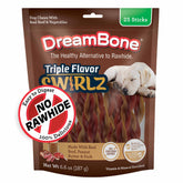 DreamBone Triple Flavor Swirlz pack shows chicken-free chews for dogs