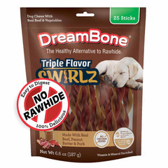 DreamBone Triple Flavor Swirlz pack shows chicken-free chews for dogs