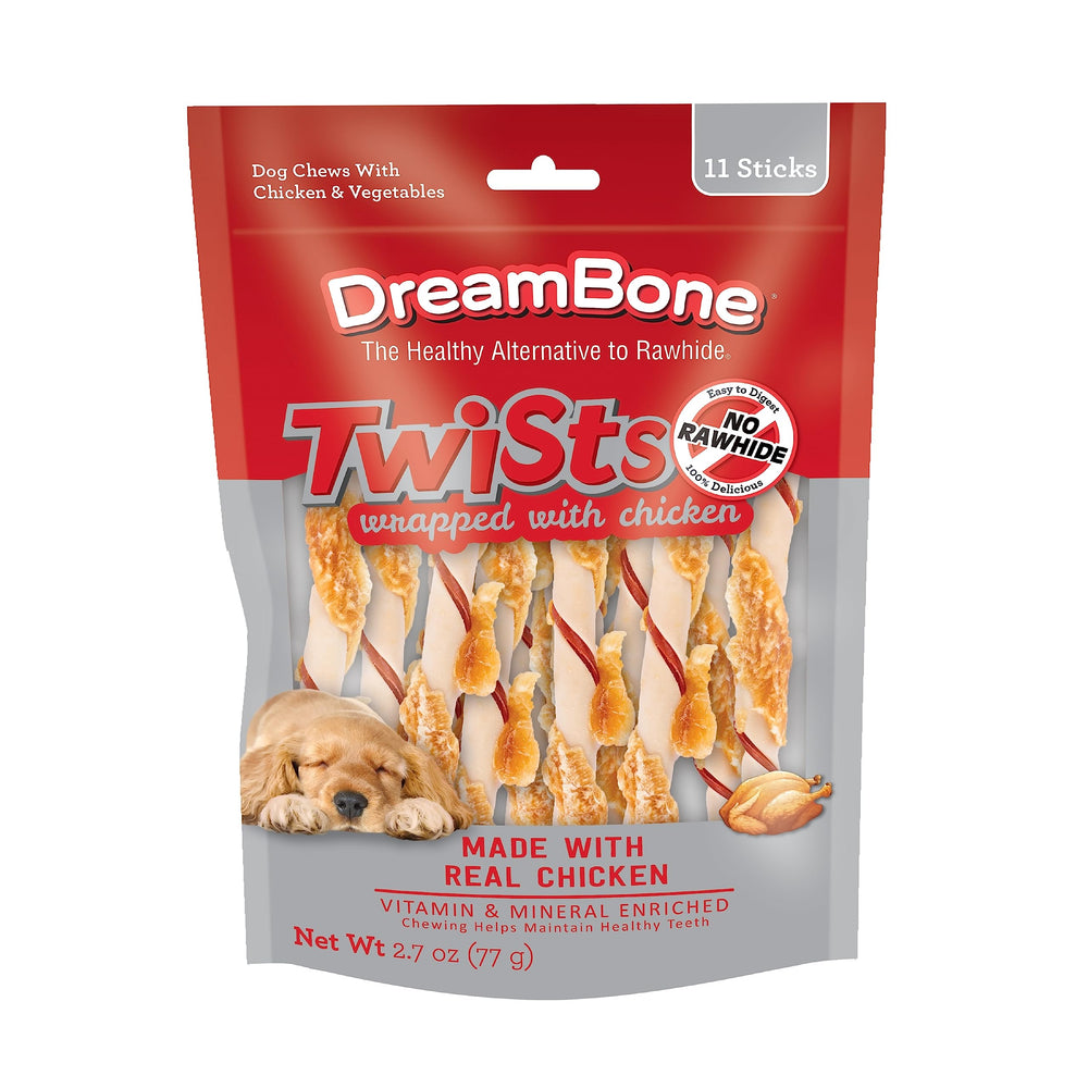 DreamBone Twists Wrapped with Chicken packaging shows rawhide-free chew with dental support