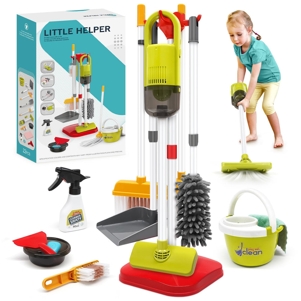 Dreamon toddler cleaning set full view in red, ready for pretend play