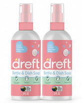 Dreft Bottle and Dish Soap bottle closeup highlighting plant-based cleansing.