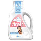 Dreft Free & Gentle bottle closeup showing fragrance-free formula for sensitive baby skin